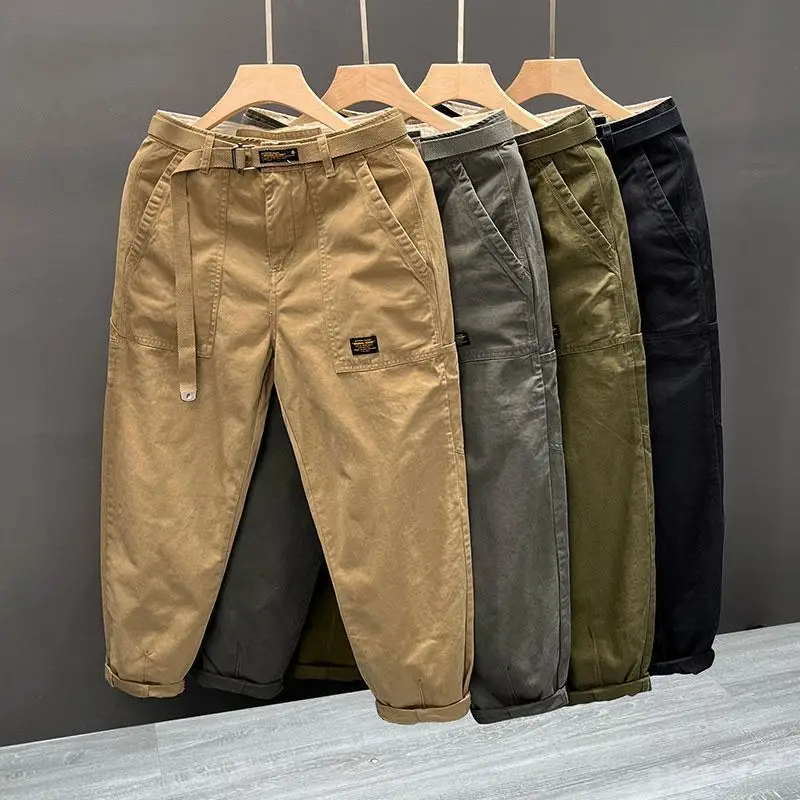 Celana Kerja Katun Lengan Lebar Musim Gugur Musim Panas Pria, Model Lurus, Longgar, Tahan Aus, Berkantong, Gaya Retro, Kasual