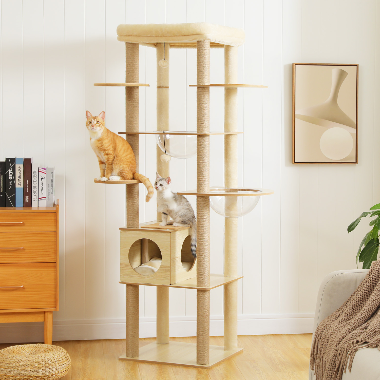 Albero per gatti multilivello per torre per gatti in legno da interni con tiragraffi Spaziosa amaca per condominio Tiragraffi per gatti con pesce persico superiore Giocattoli per gatti