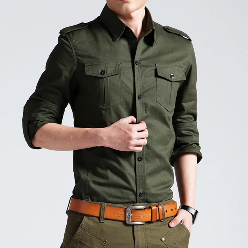 Camisas militares dos homens 2024 outono manga longa casual workwear camisas de bolso magro sólido masculino camisas militares chemise homme