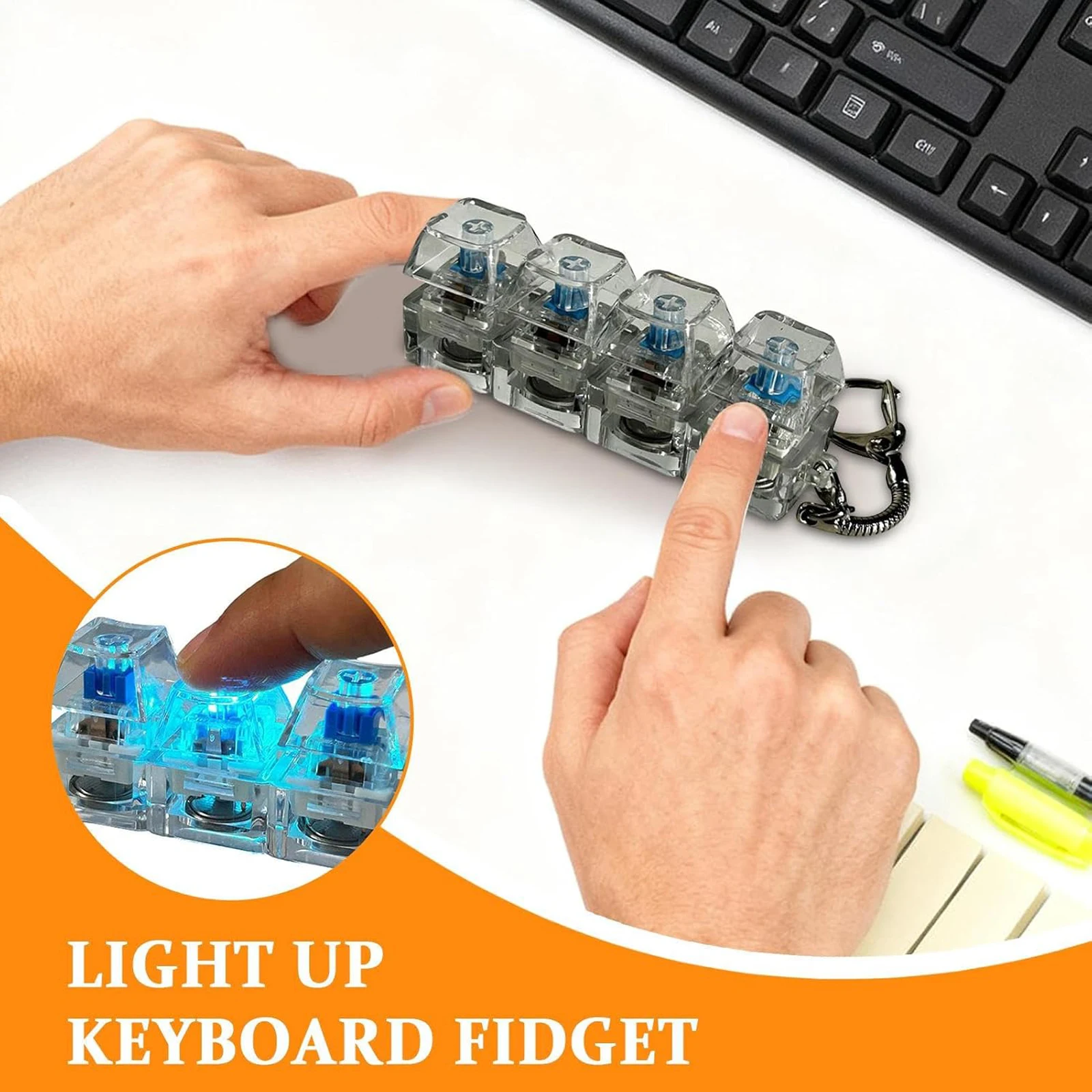 Giocattolo Antistress a Forma di Tastiera, Mini Regalo con Luce LED, Portachiavi Trasparente con Quattro Tasti Clicker per Ufficio, Scrivania, Compleanno Bambini