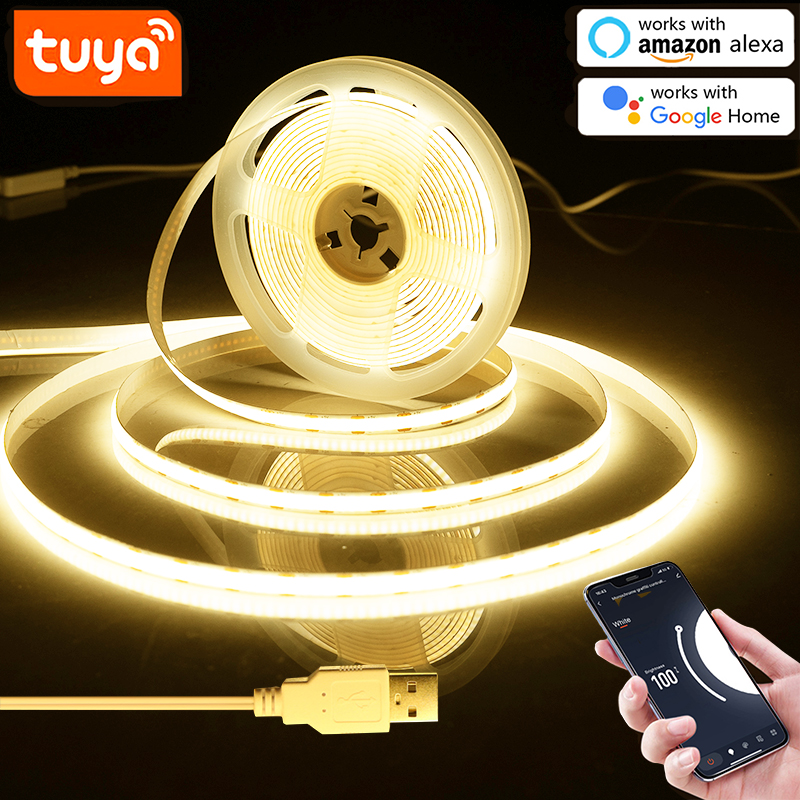 5V USB WiFi COB LED 스트립 조명, 1M 2M 3M 5M Tuya WiFi APP COB LED 스트립 조명 스마트 라이프 APP/Alexa/Google 홈과 함께 작동