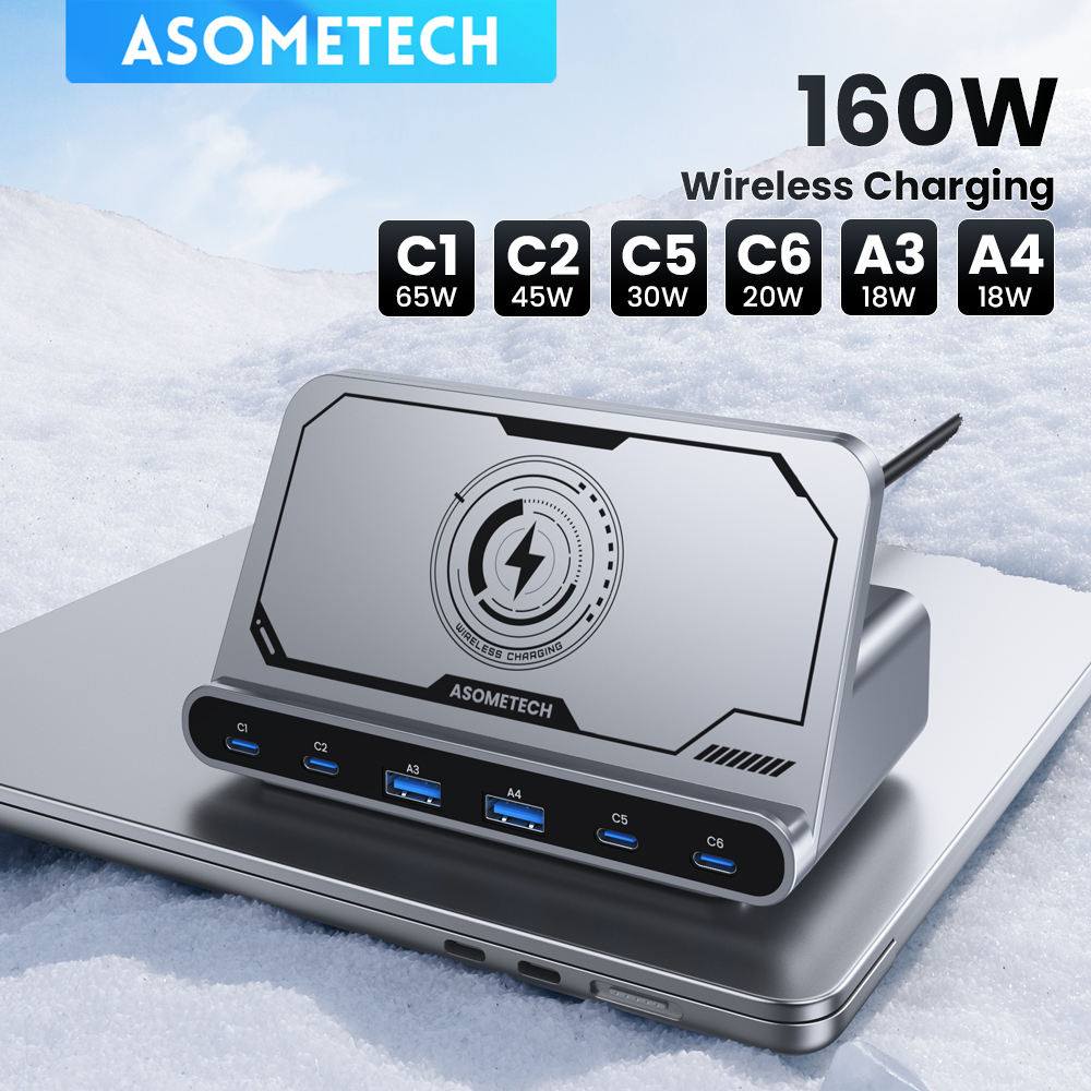 ASOMETECH Stazione di ricarica USB da 160 W Caricatore wireless 7 in 1 65 W 45 W PPS PD Tipo C Ricarica rapida per MacBook iPad iPhone 16 Samsung