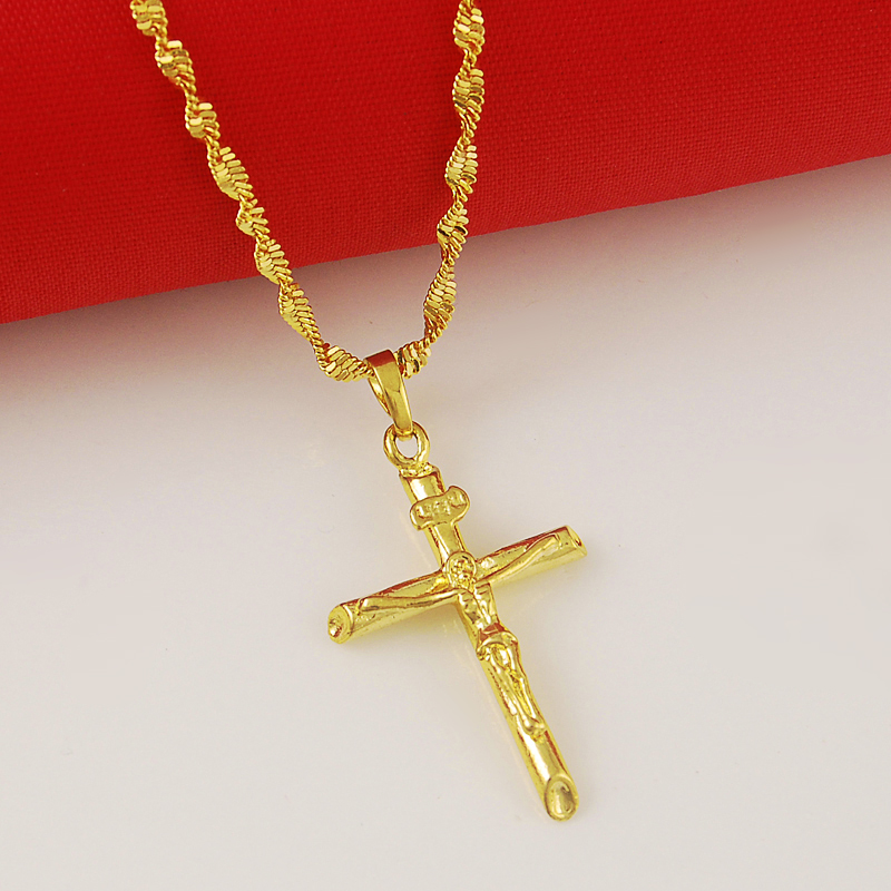 Prawdziwy 24-karatowy złoty krzyż wisiorek i naszyjnik dla mężczyzn/kobiet złoty łańcuszek religijna biżuteria chrześcijańska prezenty świąteczne
