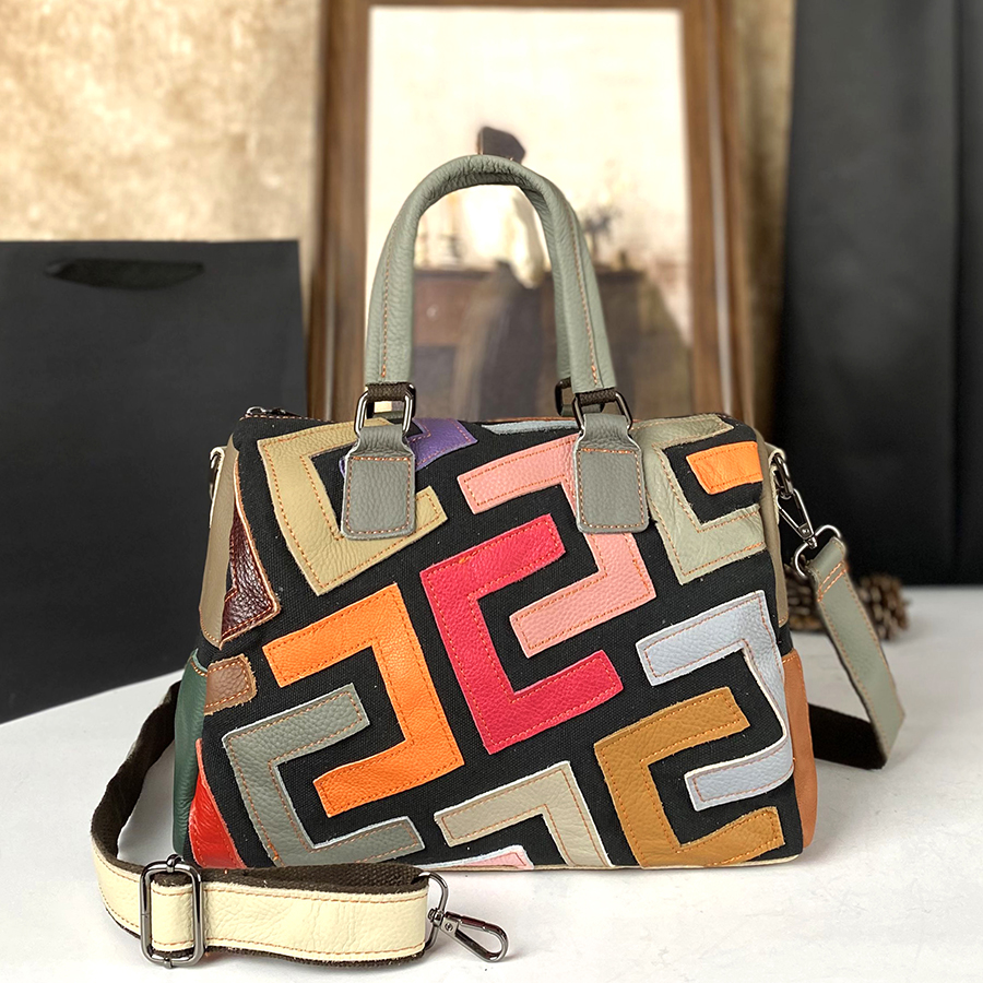 Sac à main grande capacité pour femme, sac bandoulière tendance en cuir véritable, sac à main coloré en cuir de vachette pleine fleur avec empiècements géométriques