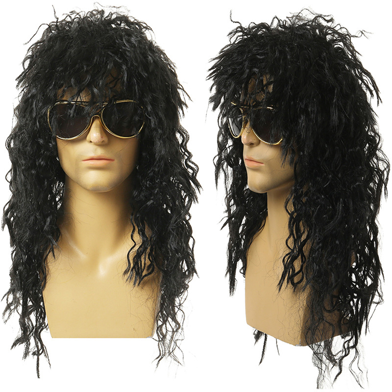 Masculino longo encaracolado perucas de cosplay sintético, masculino puffy perucas, fibra alta, máquina para festa de rock, fofo, preto, boate, bar