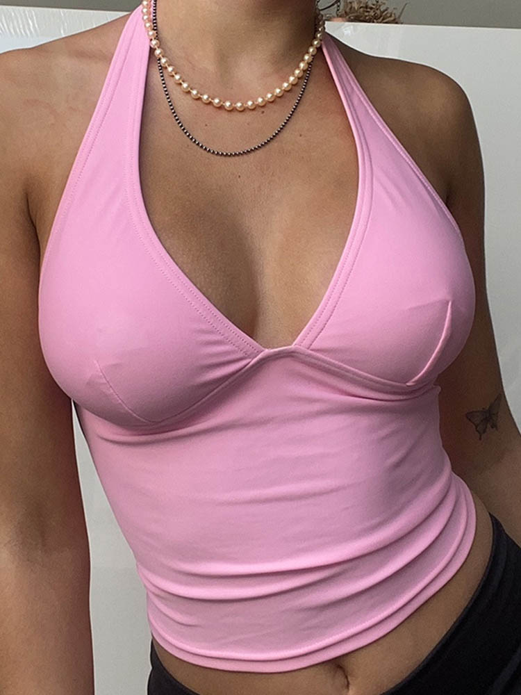 Sommer Halter Leibchen Tank Top Frauen V-ausschnitt Sexy Tanks Camis Dünne Backless Rosa Korsett T Shirt Femme Tops WomanT-shirt