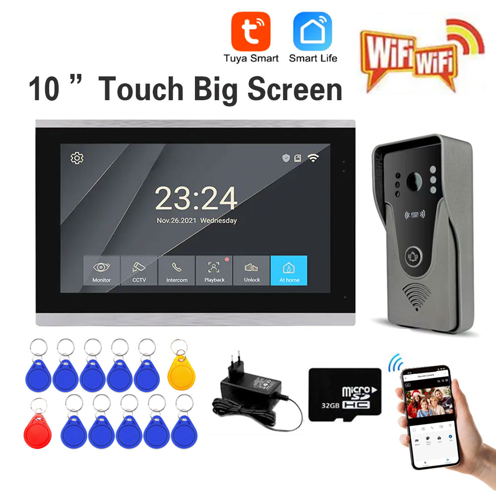 Tuya 1080P 10 pulgadas pantalla táctil a Color inalámbrico WiFi Video timbre aplicación inteligente Kit de intercomunicación para el hogar para sistema de Control de acceso RFID