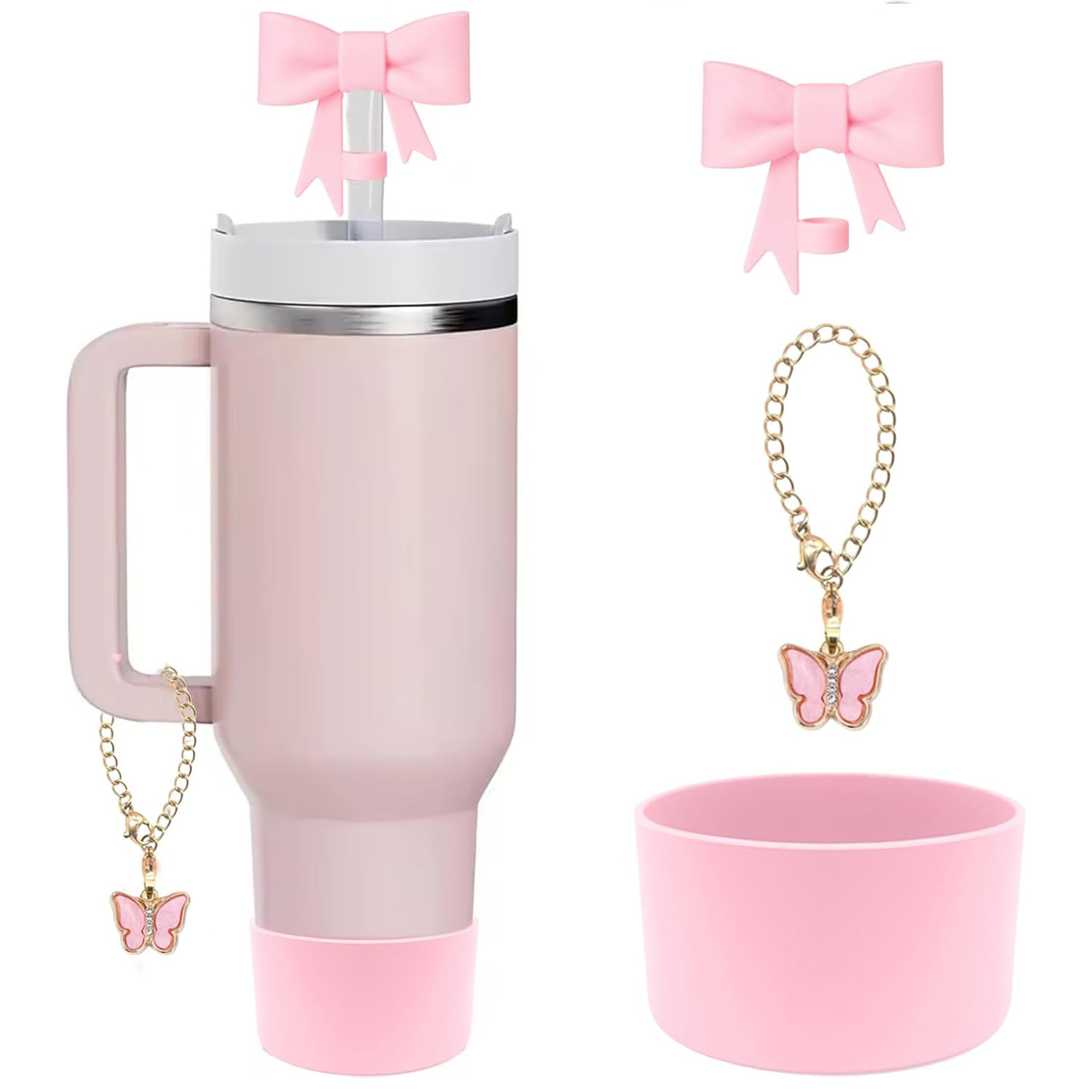 Schleife Strohhalm-Abdeckung für Stanley Cup, Silikon-Topper, rosa Schmetterlingskette, Silikonstiefel, rosa Tasse, Zubehör-Set für 30/40 OZ Tumbler