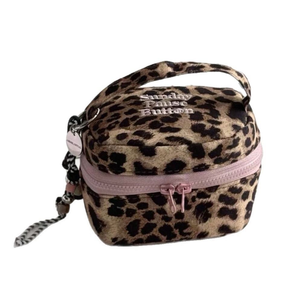 Multi-functional Leopard Print Square Storage Box Handheld Zipper Design Makeup Bag Handbag Women Girls