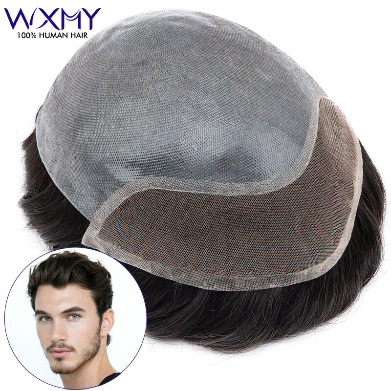 Bio-Toupee Men Lace With Double Knots Pu Male Hair Prothesis Вибілені вузли Чоловічі перуки Капілярні системи Перука з натурального людського волосся