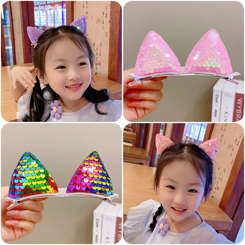 2 pçs novas lantejoulas orelhas de gato grampos de cabelo meninas bonito acessórios para o cabelo criança doce presilhas crianças moda headwear ornamentos