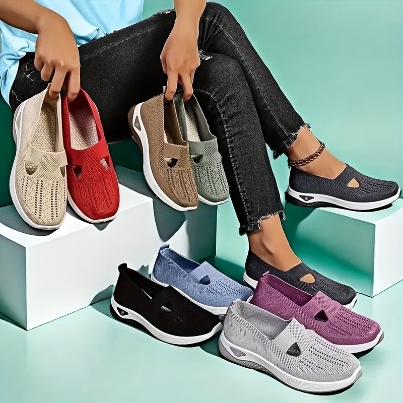 Zapatillas de deporte sin cordones de punto para mujer, zapatos informales de malla transpirable con soporte para arco, lavables a máquina, varios colores, primavera y verano