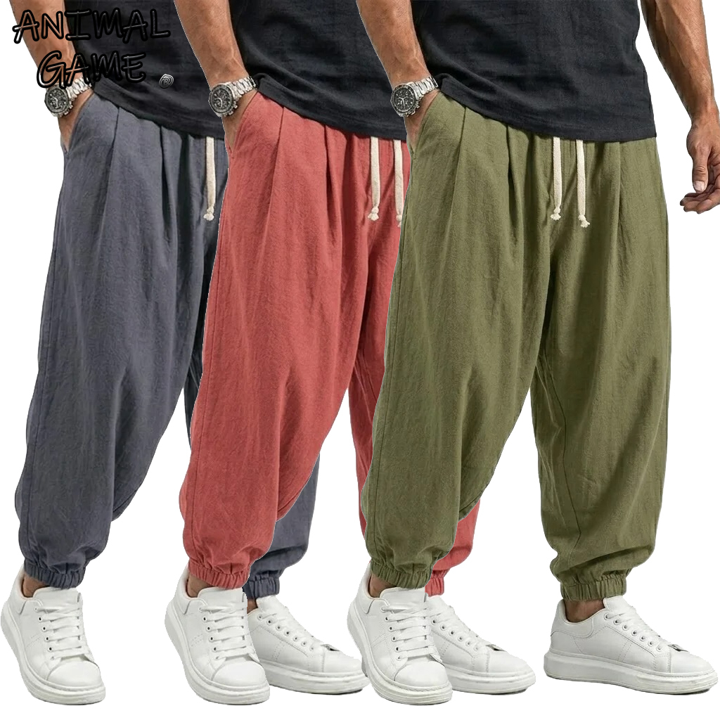 Koreanische Leinen-Baumwoll-Hose für Herren, Gym-Hose, Lässige Arbeitshose, Frühlings-Haremshose, Herbst-Kordelzug-Hose, Lockere Streetwear für Männer