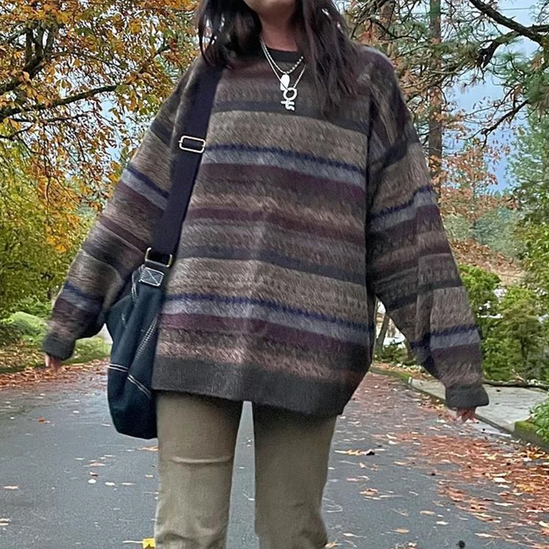 Preppy grunge retro listrado camisola de malha outono o pescoço manga cheia jumpers fairycore vintage y2k estética vovô pullovers