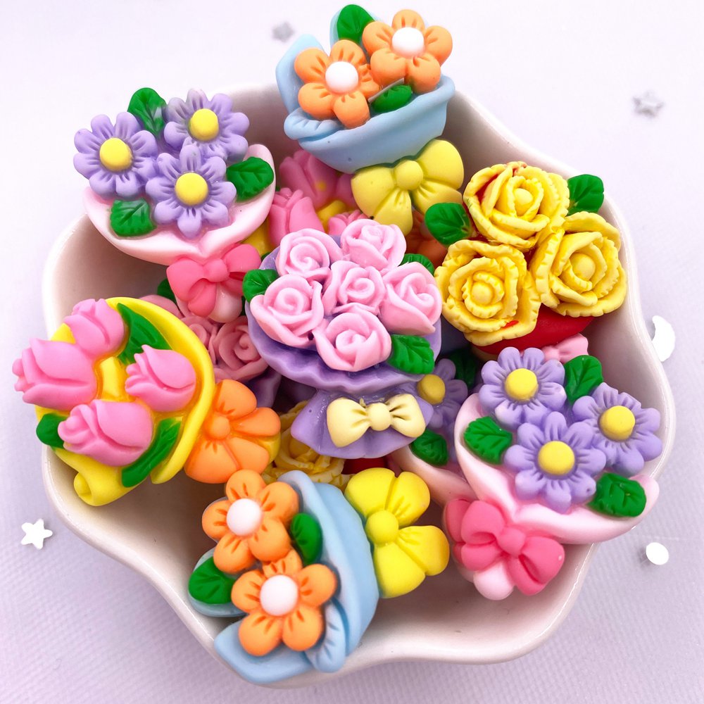 10PCS เรซิ่น Kawaii สีสัน 3D Rose Bouquet Flatback หินสมุดภาพ Figurine DIY Decor Home อุปกรณ์เสริมหัตถกรรม OM131