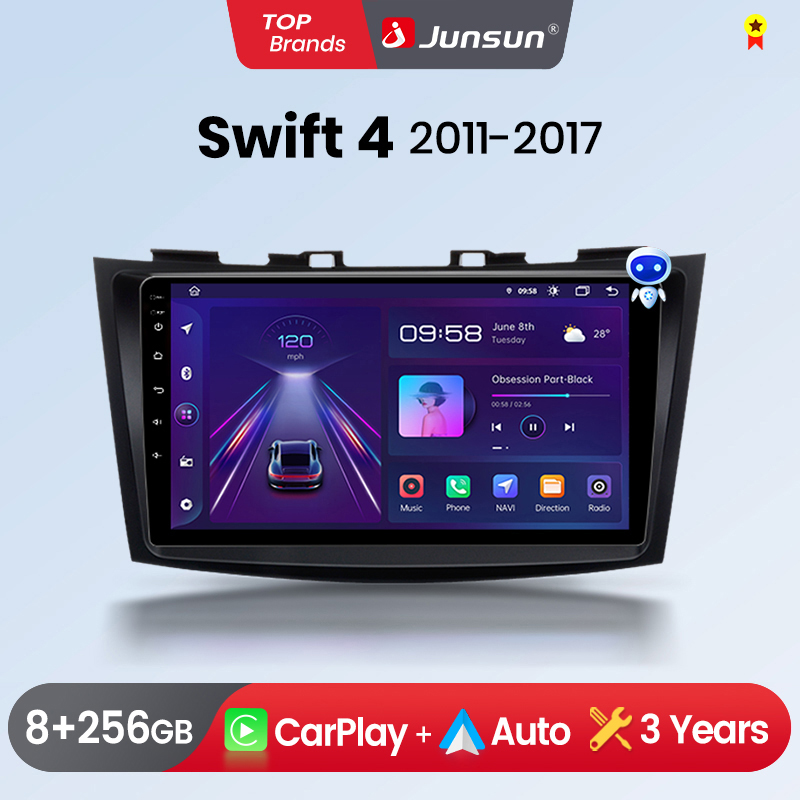 Rádio automotivo Junsun Wireless CarPlay Android Auto para Suzuki Swift 4 2011-2017 com GPS, sistemas inteligentes, estéreo e multimídia.