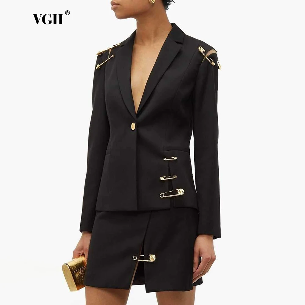 女性用vghスプライスブレザー,ノッチカラー,長袖,パッチワークメッシュ,透かし彫り,スリミングジャケット,女性用ファッション,シック,メタルピン