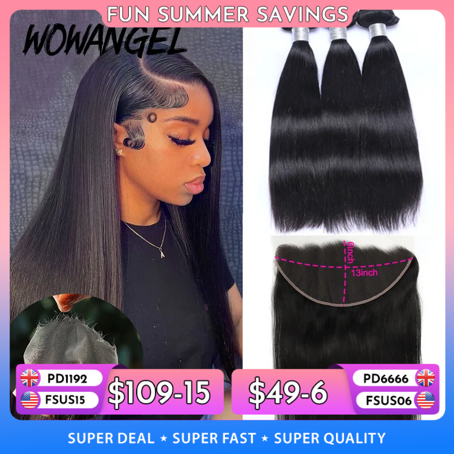 Wowangel 13x6 HD dentelle frontale avec paquets de cheveux humains 5x5 HD dentelle fermeture fondu peaux brésilien Extension de cheveux raides pour les femmes