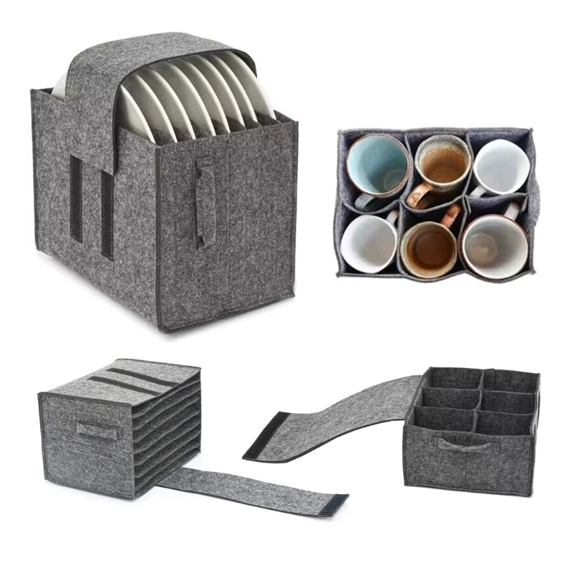 Felt Plate Dish Cup Storage Bag Holder Thicken Camping Tableware Containers Motorhome Kitchen Cupboard Layered Organization