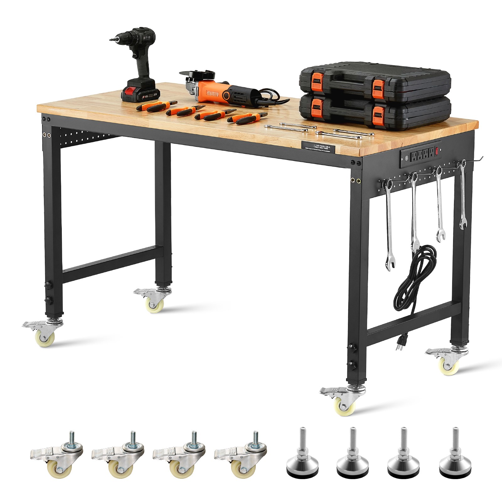 SucceBuy Établi réglable 2000LBS Banc de travail Mutisize avec prise de courant et roues Table de travail supérieure en bois de chêne pour atelier de garage
