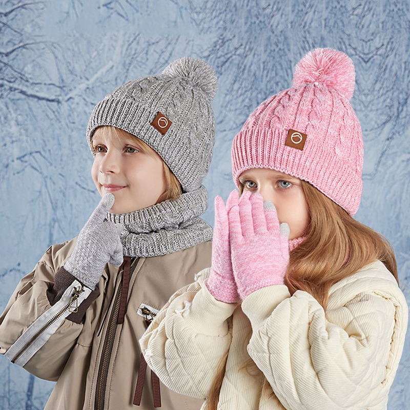 3 pz/set Per Bambini Lavorato A Maglia Beanie Cappello Peluche Spessore Caldo Collo Sciarpa Guanti Set Gioco All'aperto Per La Tempo Freddo Inverno Tenere Al Caldo