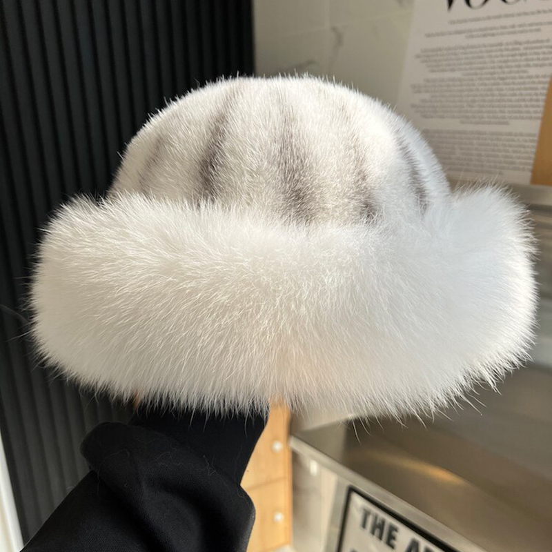 Chapéu de Pele de Vison Genuína para Mulheres, Chapéu de Inverno de Pele de Vison Natural com Aba de Pele de Raposa, Chapéu de Pescador Feminino da Moda, Chapéu de Motociclista de Pele Grossa