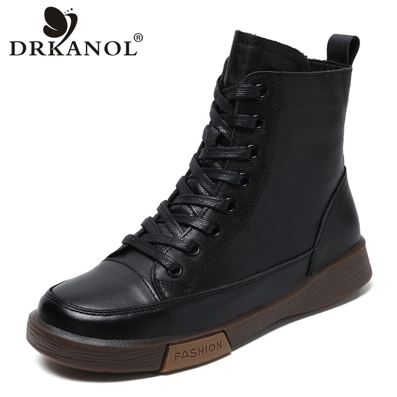 DRKANOL ผู้หญิงรองเท้าหนังสั้นรอบ Toe ของแท้หนัง Handmade Retro Street สไตล์ฤดูหนาว WARM Flats ข้อเท้ารองเท้า