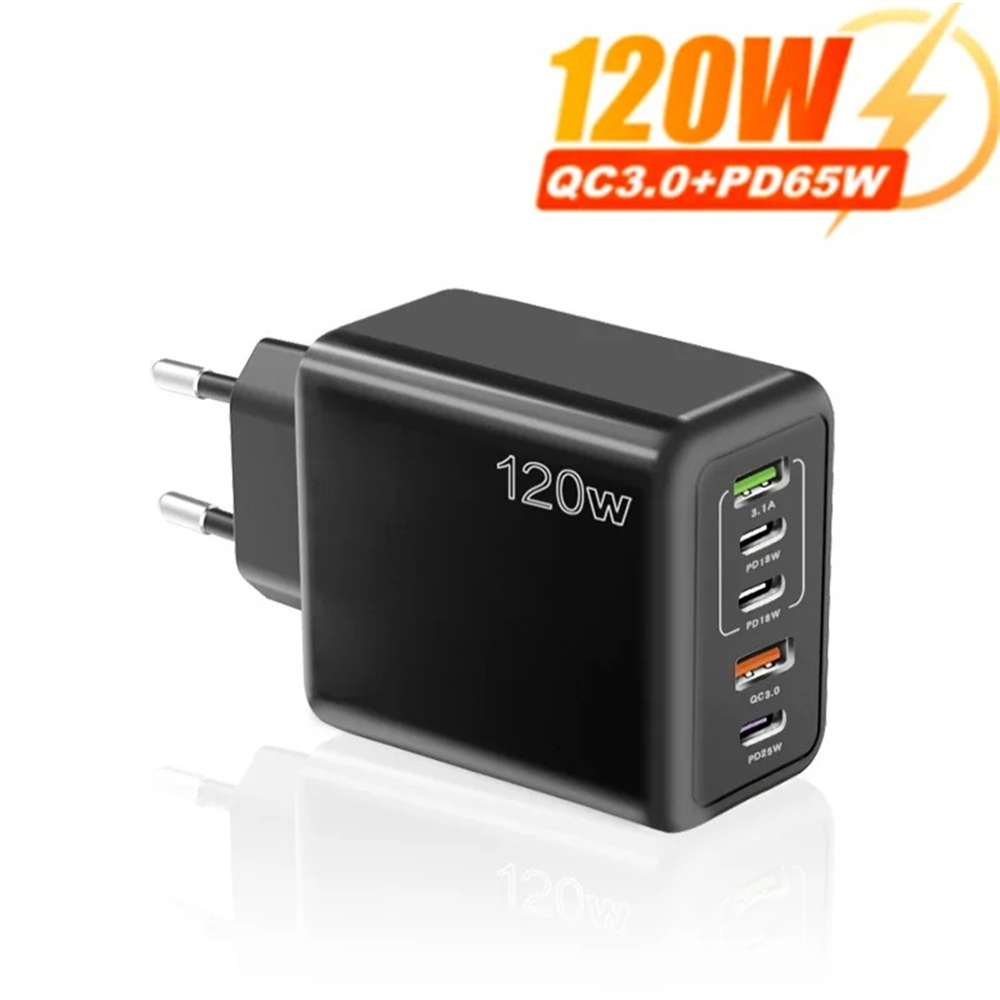 Cargador USB de 120W, adaptador de cargador de teléfono de carga rápida PD de 5 puertos para iPhone, Samsung, Xiaomi, Huawei, cargador de pared tipo C con múltiples puertos