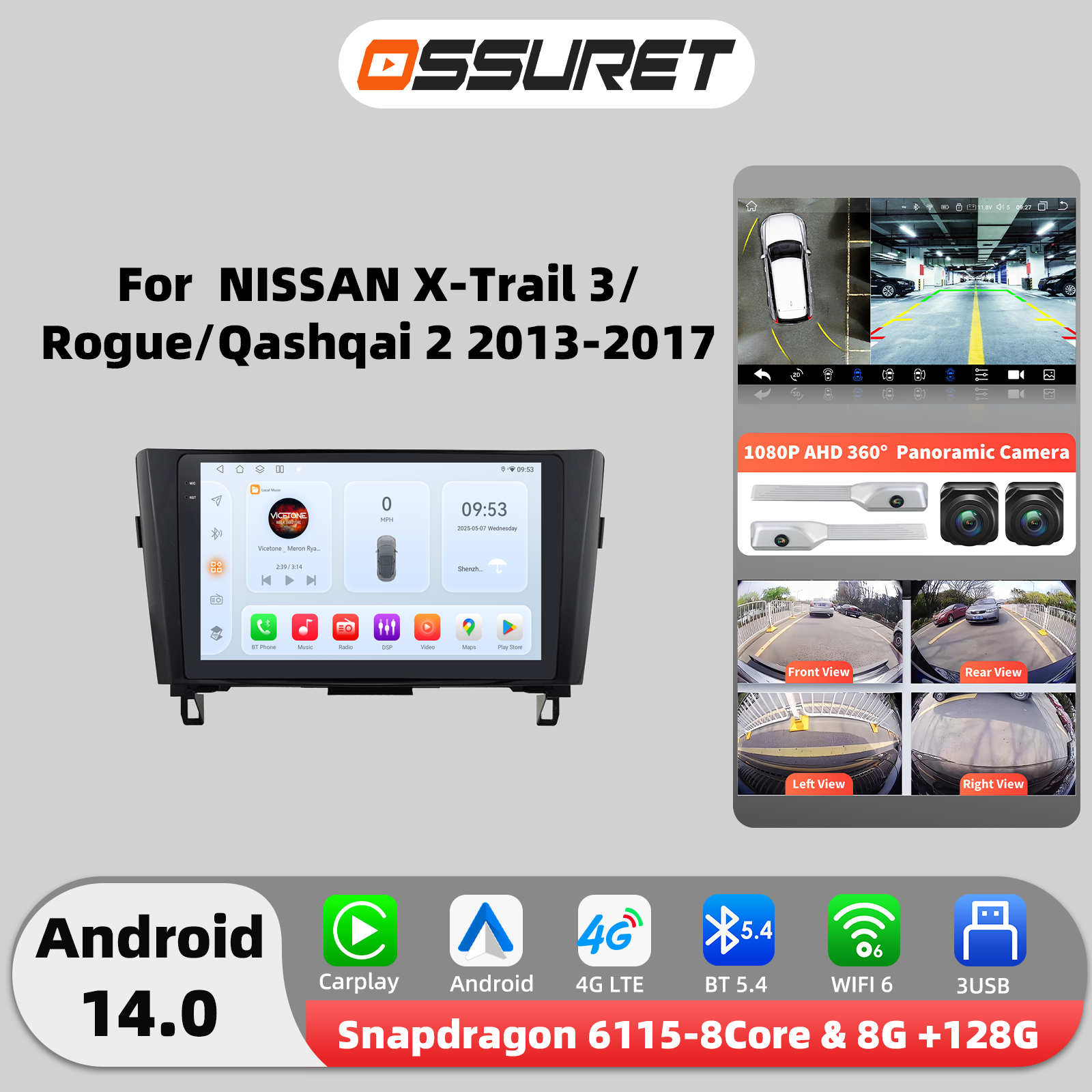Radio para Auto Android 14 6115 para Nissan Qashqai 2 J11 X-Trail X Trail 3 T32 Rogue, Reproductor Multimedia 4G Carplay 2din Autoradio