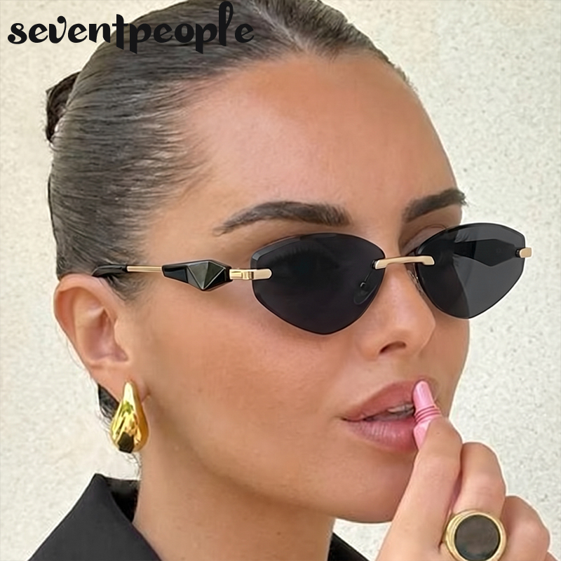 Óculos de Sol Femininos Sem Aro Estilo Gatinho Sexy Punk, Novidade 2026, Designer de Luxo, Modernos, Sem Armação, Poligonais, Vintage, com Lentes Metálicas
