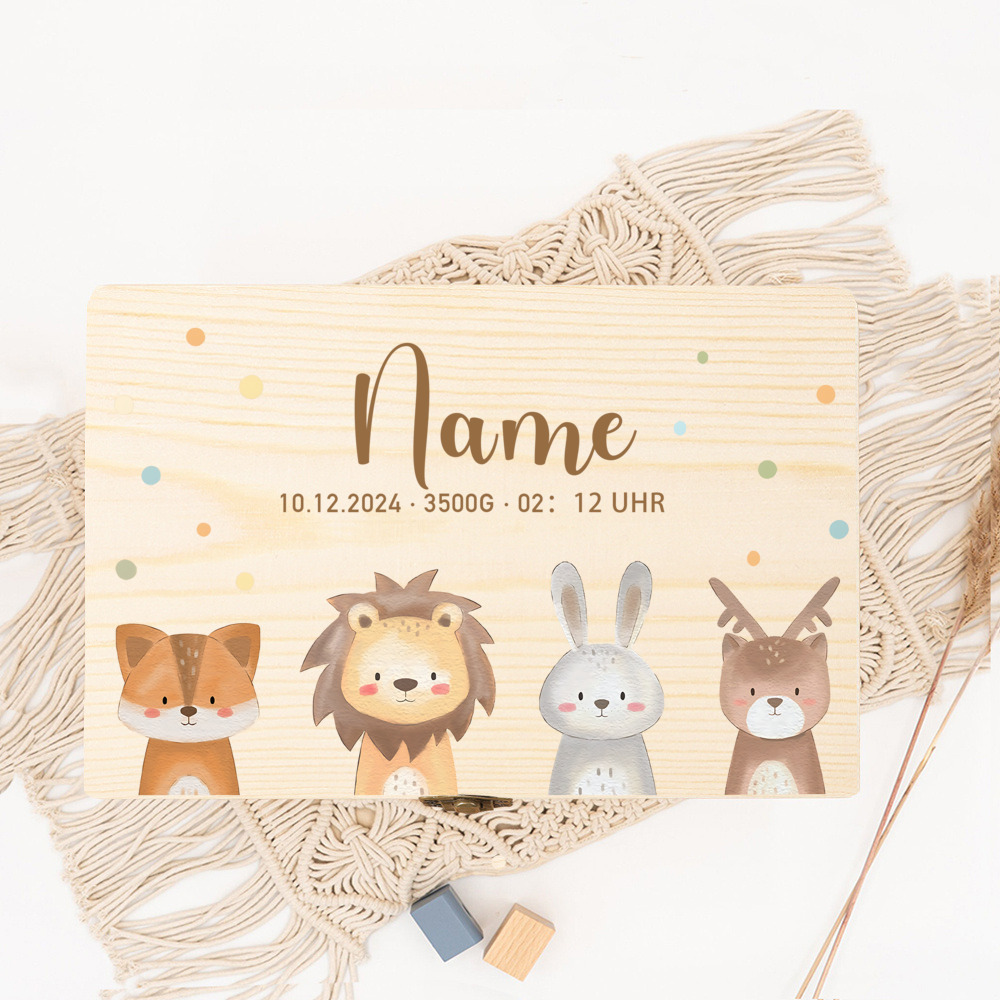 Caja de memoria para bebé con caja de recuerdos de león y conejo con nombre y fechas de nacimiento Cajas de memoria de madera Regalos para niños y niñas