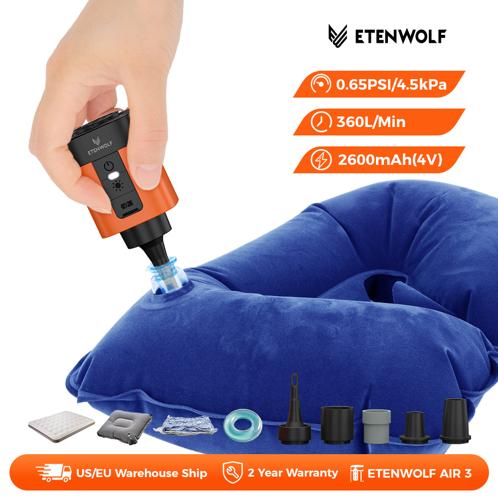 Pompe à air portable ETENWOLF AIR 3 avec 2600 mAh et lampe de camping – Gonflage et dégonflage pour matelas gonflables et articles de piscine.