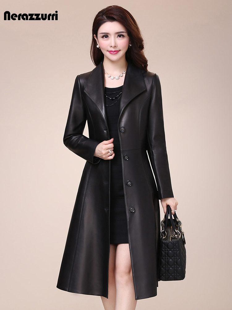 Nerazzurri-abrigo largo de piel sintética para mujer, chaqueta ajustada de manga larga con botones, color negro, elegante, para primavera y otoño, 2021