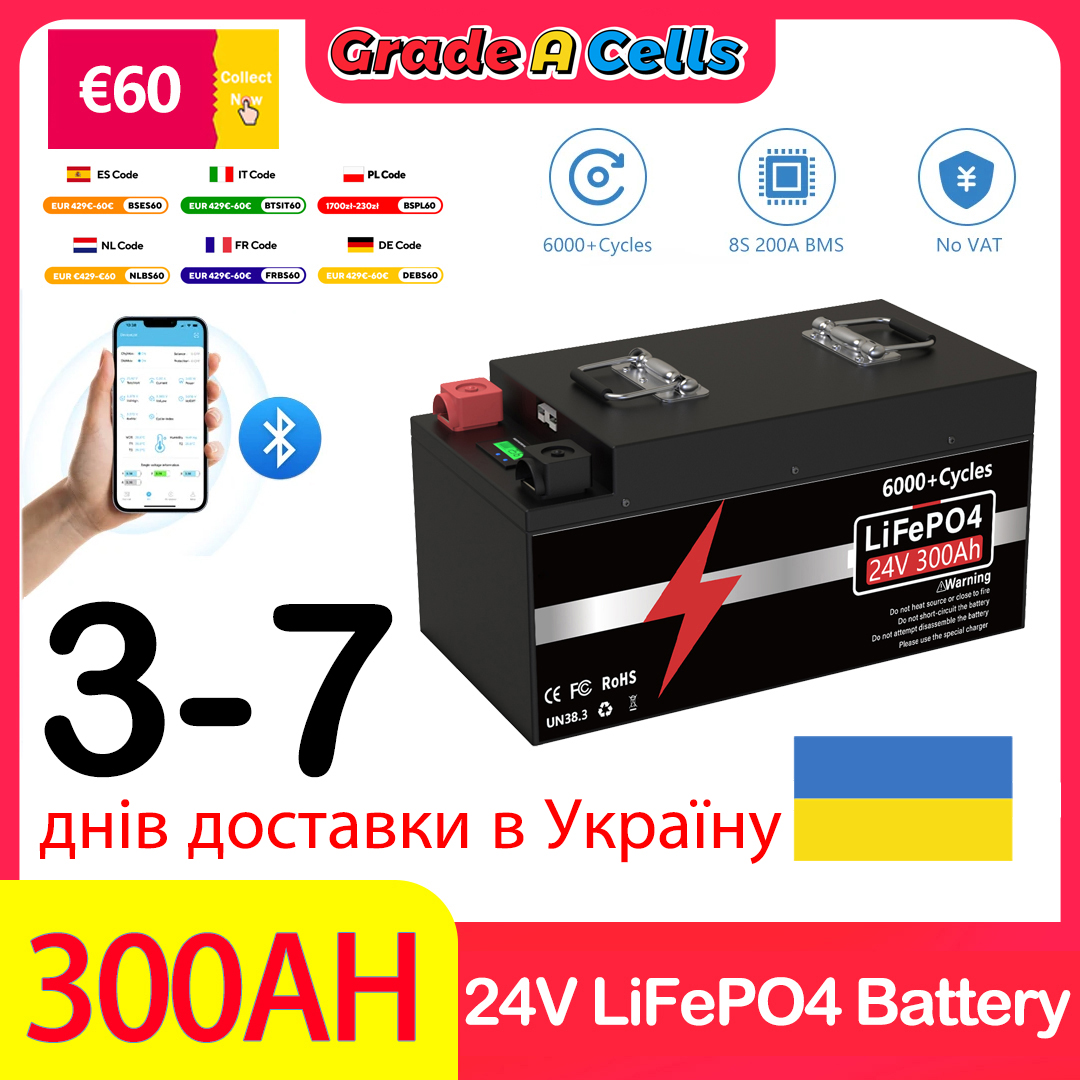 UKR Stock 24V 300Ah LiFePO4 Battery 100Ah Bluetooth 8S 200A BMS 25.6V 140Ah 6000+Cycles Grade A Cells 3 Day Delivery