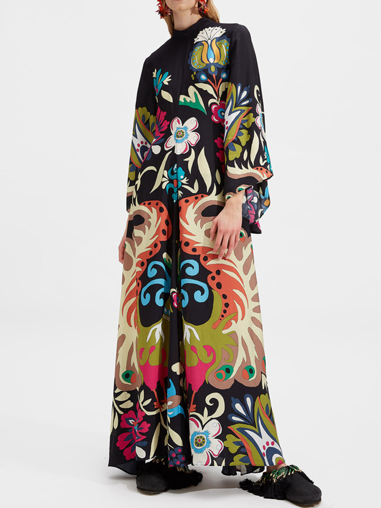 Patchwork-Maxi kleid mit Stehkragen muster, Dreiviertel-Ärmel-Party kleid für Frauen im Frühling und Sommer, elegantes Damen kleid mit Schnürung 2024