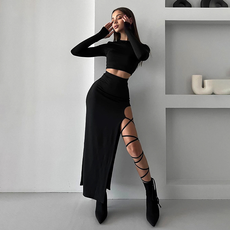 CUTENOVA Pullover Langarm Einfache Crop Top Elastische Taille Neckholder Hohe Split Beinlos Sexy Krawatte Einfarbig Halb Rock Set