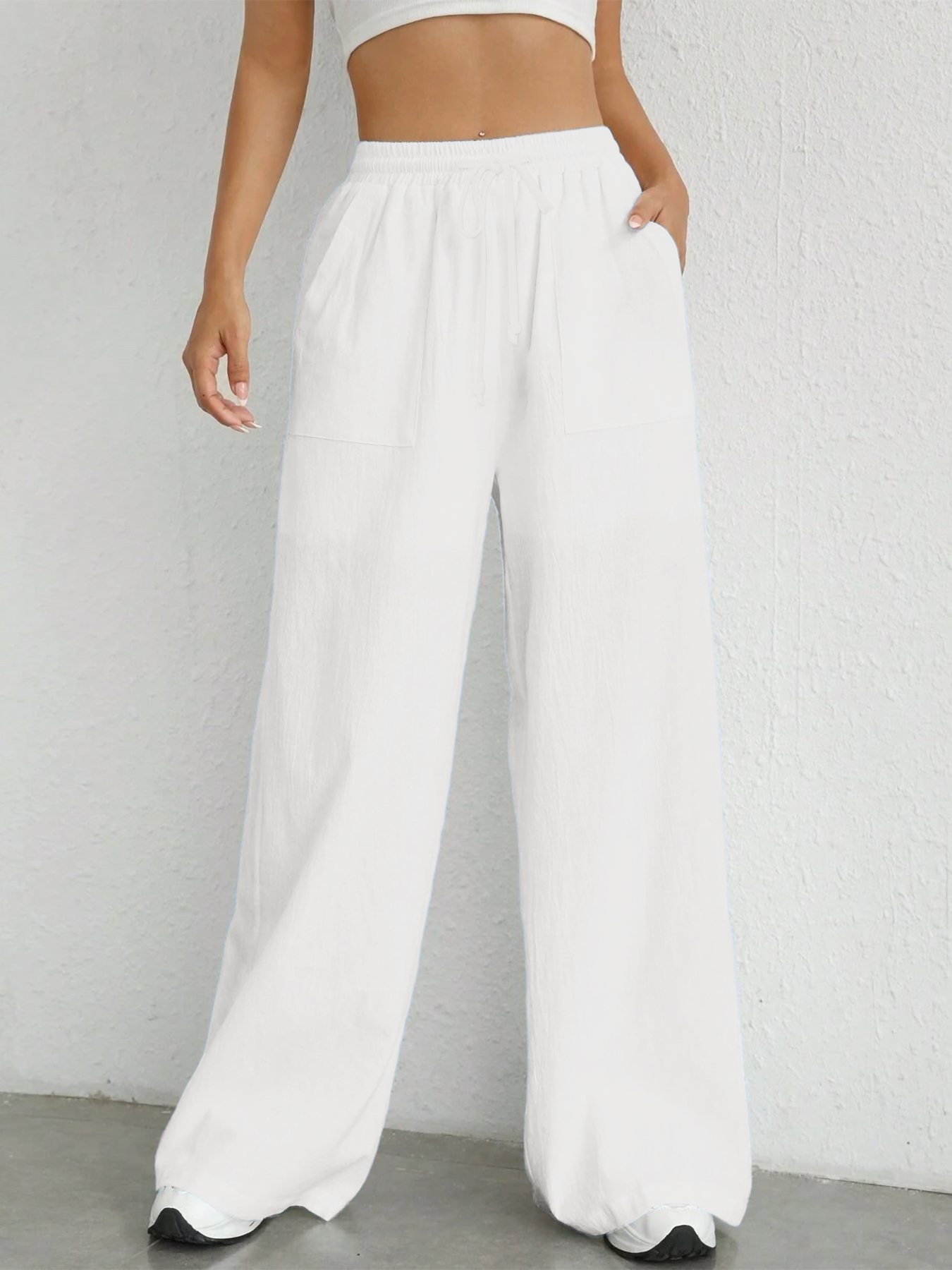 Pantaloni Larghi da Donna in Tinta Unita, Casual con Coulisse, Gamba Dritta, Tasche, Vita Alta