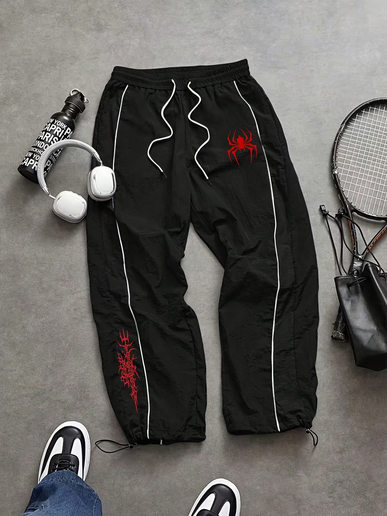 Herenspinnenwebprint gestreepte joggingbroek met trekkoord, lichtgewicht, sneldrogend, streetwear, gymbroek voor dagelijks gebruik in voorjaar en zomer