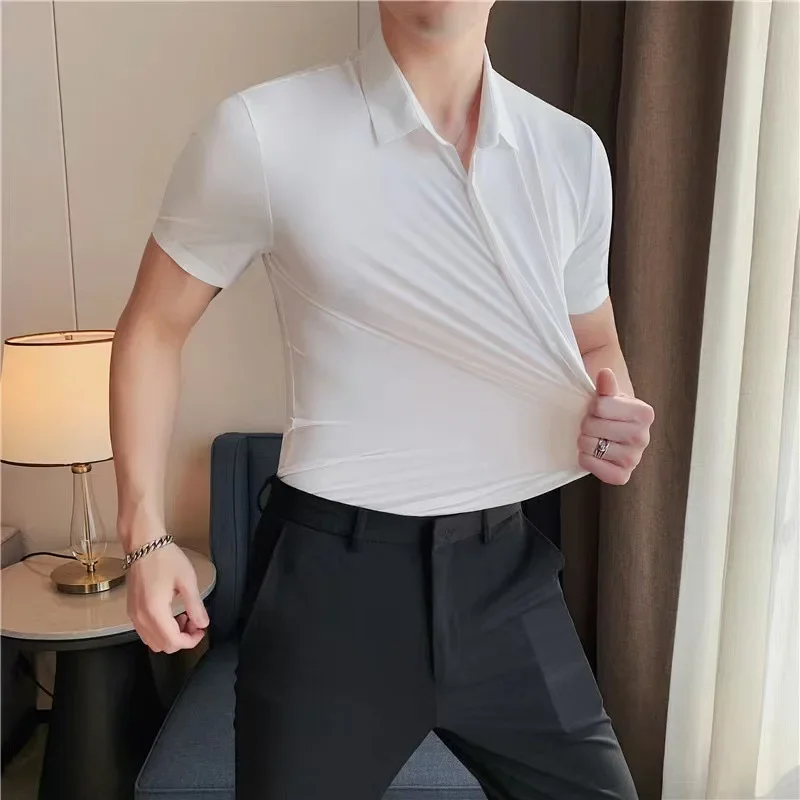 Męska koszula z krótkim rękawem Ultra Stretch Slim-Fit Oddychająca, rozciągliwa, odporna na ścieranie koszula z krótkim rękawem w jednolitym kolorze