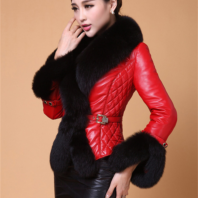 Chaqueta de cuero para mujer, abrigo corto con cuello de piel de zorro sintética, chaqueta de invierno para mujer, prendas de vestir exteriores elegantes con cremallera para motocicleta