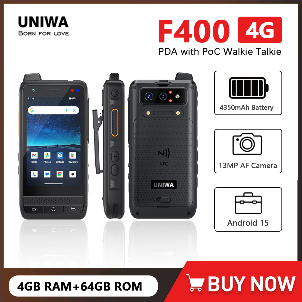UNIWA F400 PDA resistente con Walkie Talkie PoC Zello IP65 Smartphone Android 15 4350mAh 4,0 pulgadas 4G rango Global Walkie Talkie NFC