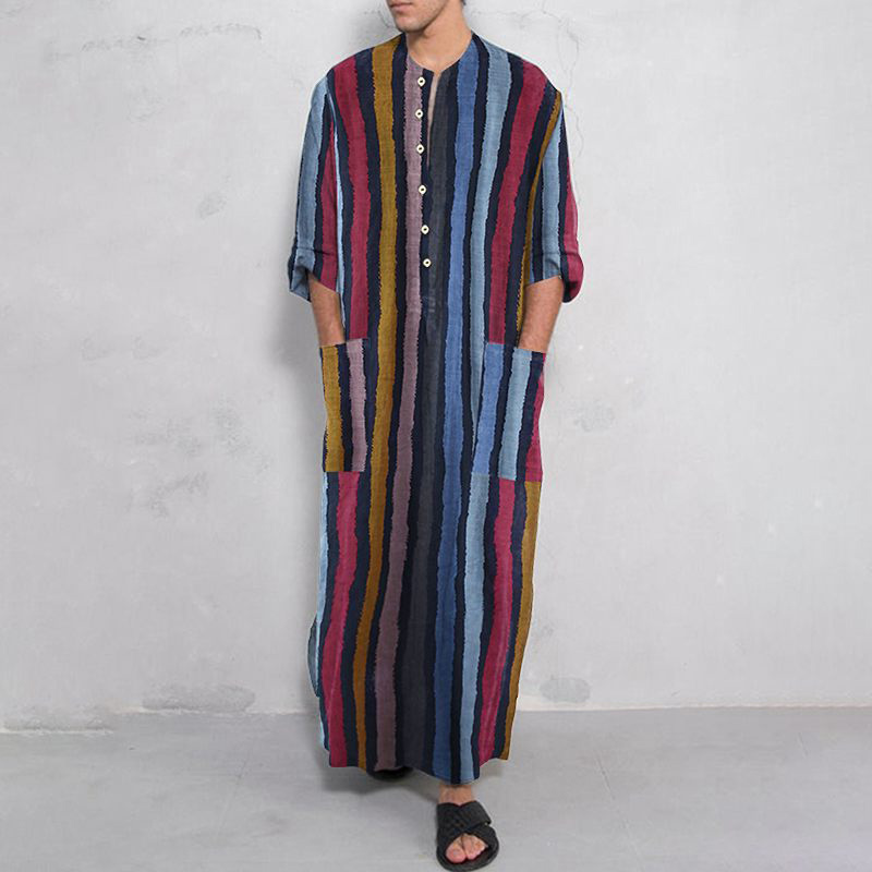 Muçulmano masculino manga longa algodão listrado roupões árabe islâmico kaftan terno oriente médio dubai abaya retro primavera roupas 2025 novo
