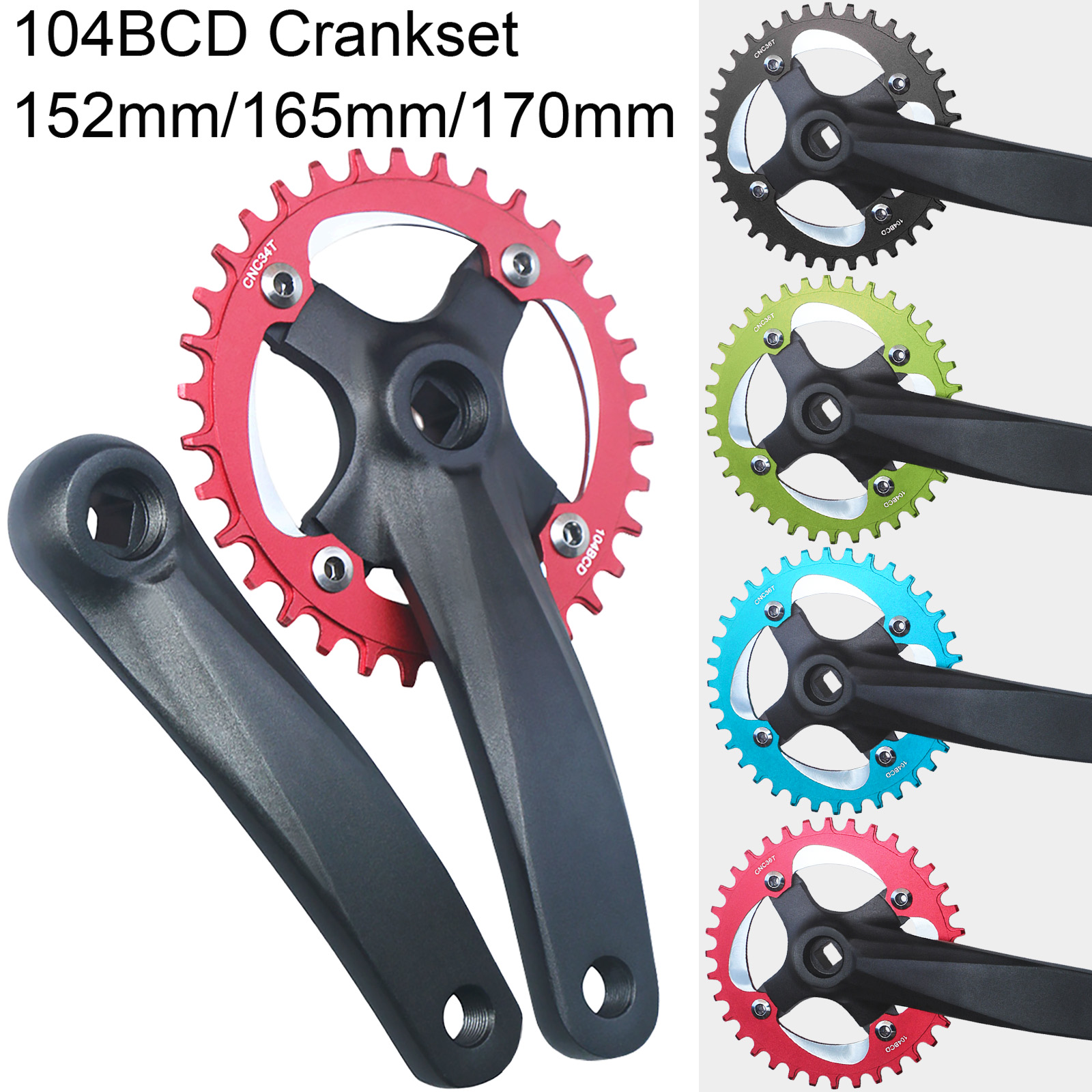 Roda dentada quadrada para bicicleta 104bcd, 152mm/165mm/170mm, braços de manivela 32/34/36/38/40/42t, roda dentada estreita e larga, mtb