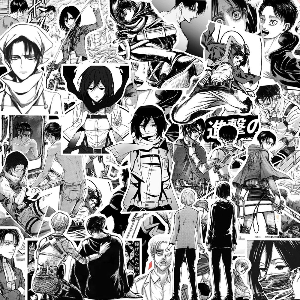 10/30/70 Uds pegatinas de Anime Attack on Titan Cool dibujos animados negro blanco calcomanía DIY monopatín portátil teléfono coche pegatina impermeable
