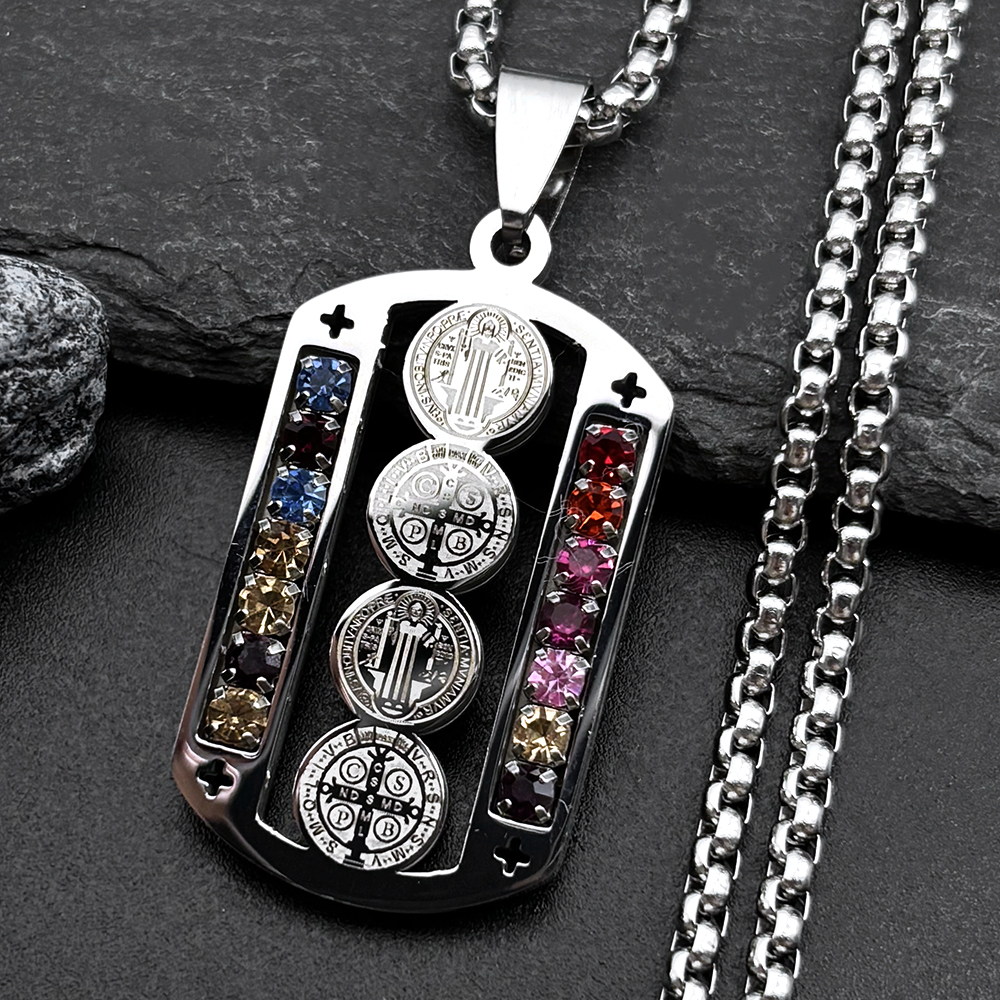 Stainless Steel Mix Color Crystal Saint Benedict Pendant Necklace Silver Color Christian Necklaces Jewelry San Benito N6571SR