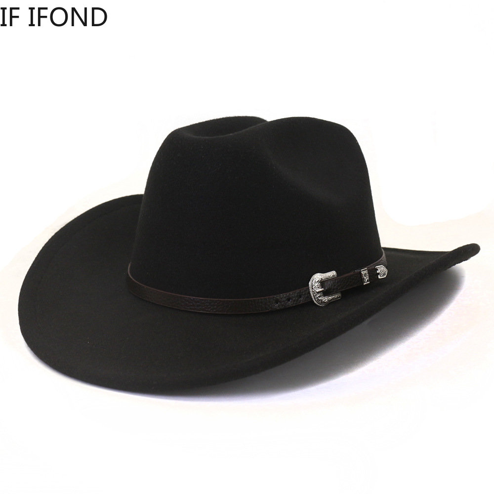 ใหม่ Vintage Men Western คาวบอยหมวกเข็มขัดฤดูหนาวฤดูใบไม้ร่วง Roll Up Brim Cowgirl แจ๊สหมวก Sombrero Hombre