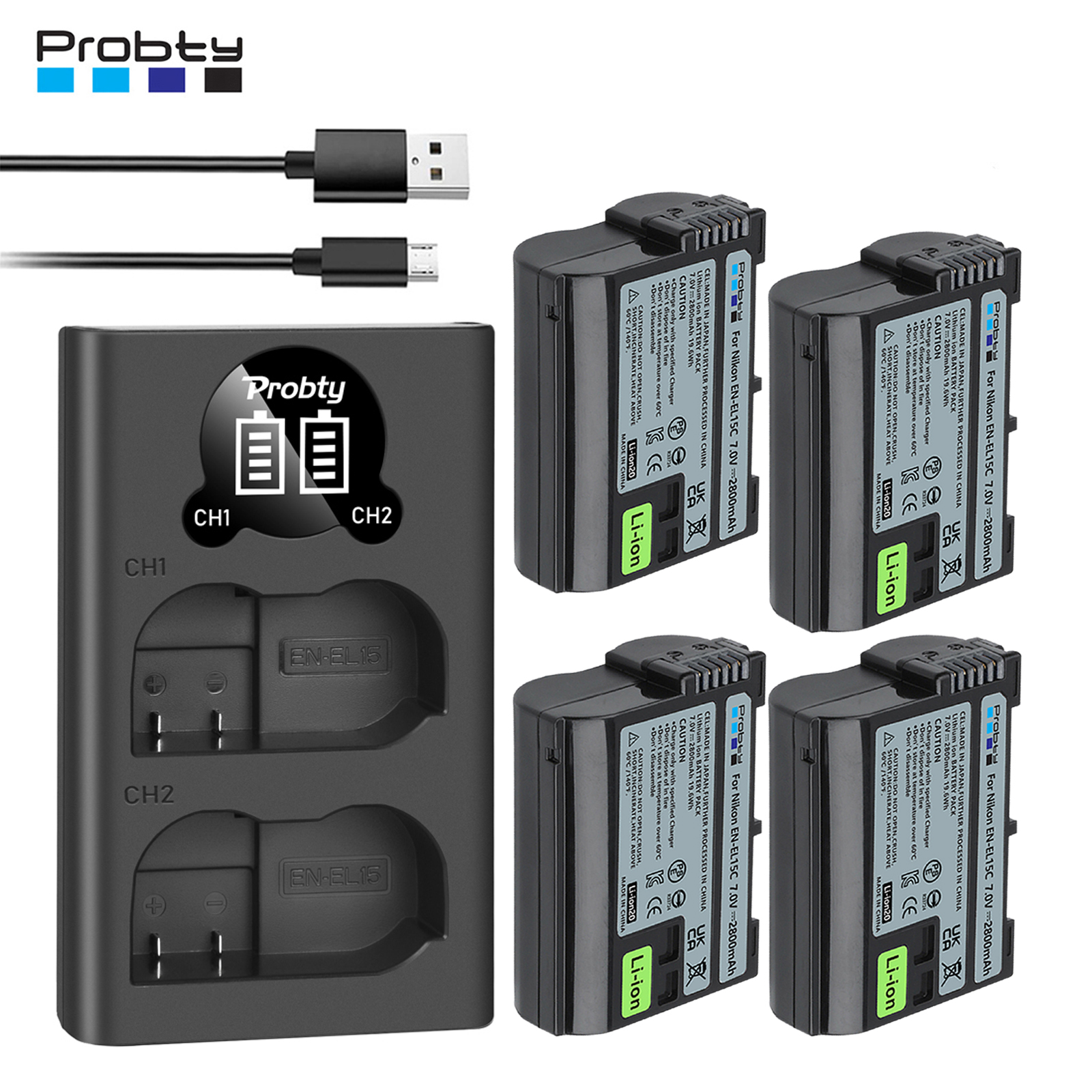 Original Probty EN-EL15C EN-EL15 Akku + LED USB Dual Ladegerät für Nikon Z5, Z6, Z6 II, Z7, Z7II D600 D610 D600E D800 D810 D800E D810