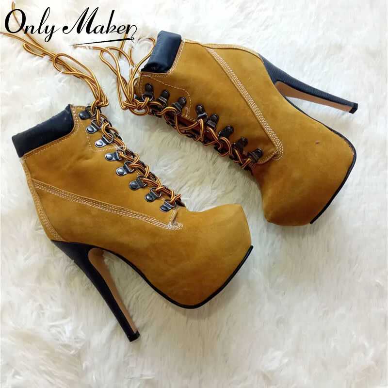 Onlymaker-Botines con cordones para mujer, zapatos de tacón fino y alto de 16cm, con plataforma de 4cm, a la moda, talla grande 35-46
