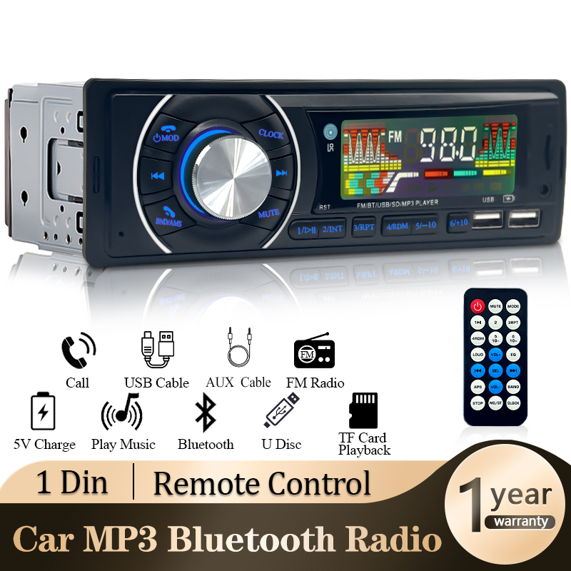 Radio de Audio para coche, reproductor MP3 estéreo con Bluetooth de 1din, receptor FM, 12V, compatible con carga de teléfono, tarjeta AUX/USB/TF en el Kit de tablero