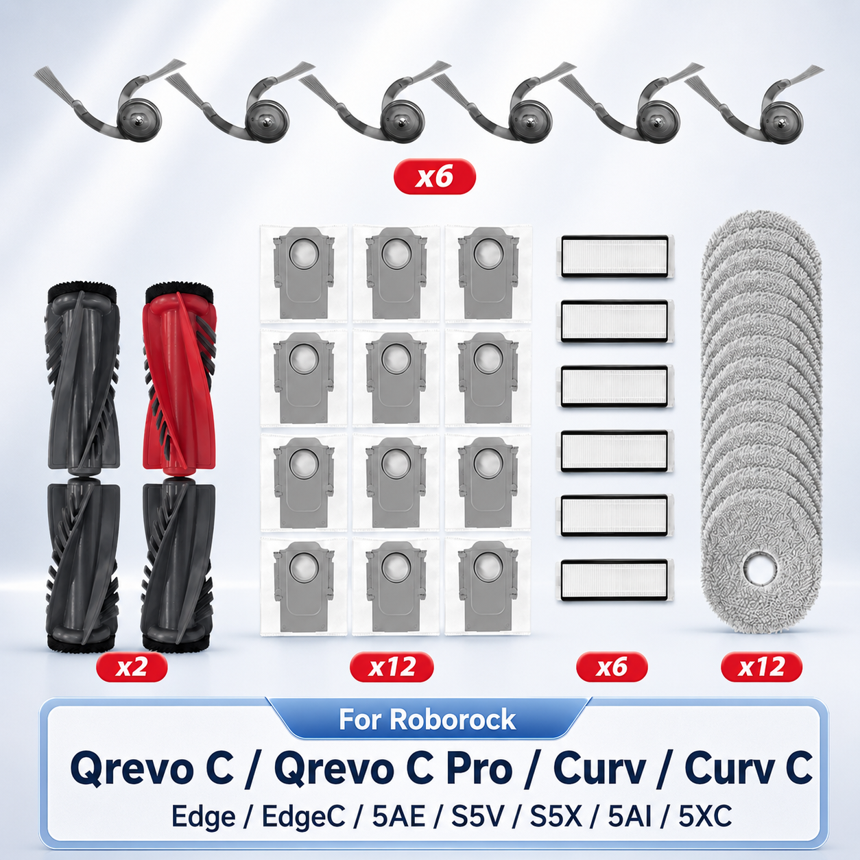 Запчасти для Roborock Qrevo C/QrevoC Pro/Curv/CurvC/Edge/EdgeC/5AE/S5V/S5X/5AI/5XC: основная и боковые щетки, HEPA-фильтр, салфетка для влажной уборки, мешок для сбора пыли.
